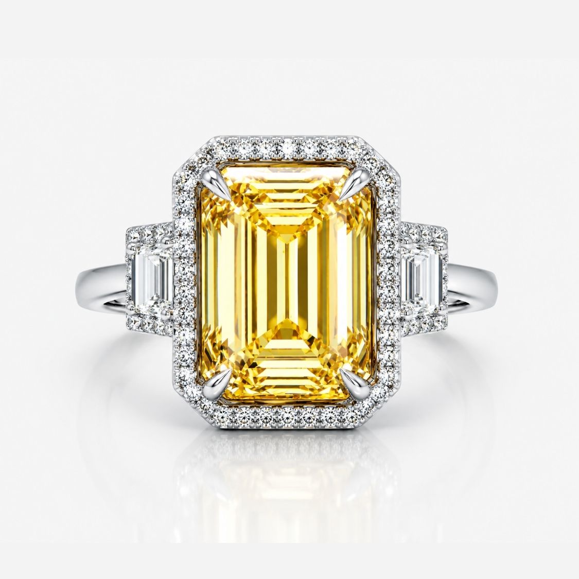 Trilogy (Trapezoid Side Diamonds) Halo Fancy Yellow Emerald Lab Grown Diamond Ring in White Gold 18K