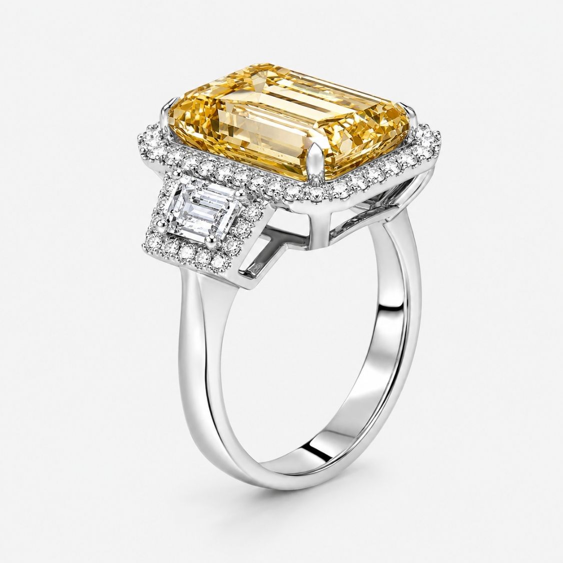 Trilogy (Trapezoid Side Diamonds) Halo Fancy Yellow Emerald Lab Grown Diamond Ring in White Gold 18K