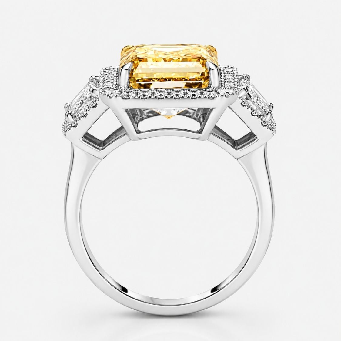 Trilogy (Trapezoid Side Diamonds) Halo Fancy Yellow Emerald Lab Grown Diamond Ring in White Gold 18K