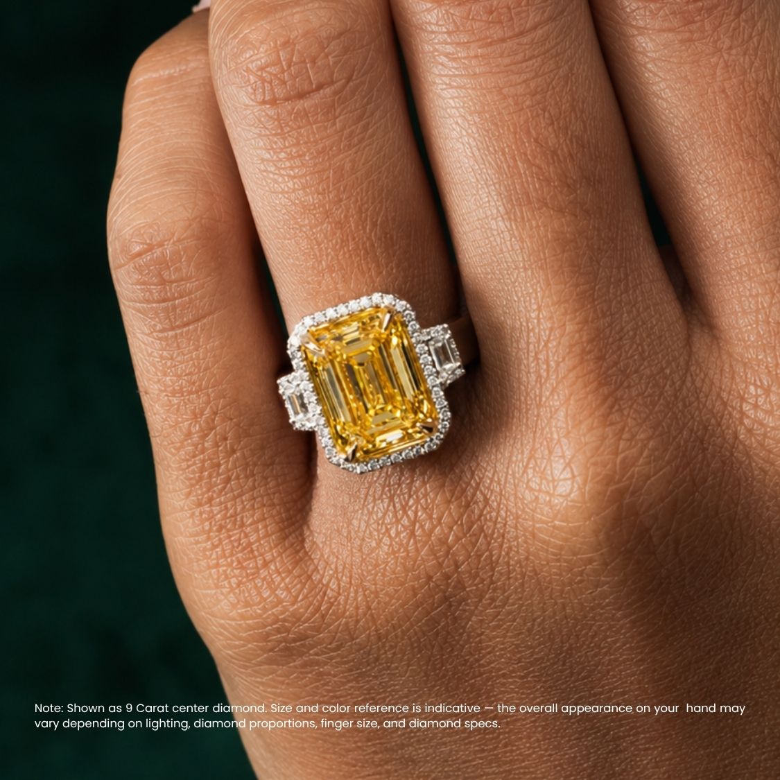 Trilogy (Trapezoid Side Diamonds) Halo Fancy Yellow Emerald Lab Grown Diamond Ring in White Gold 18K