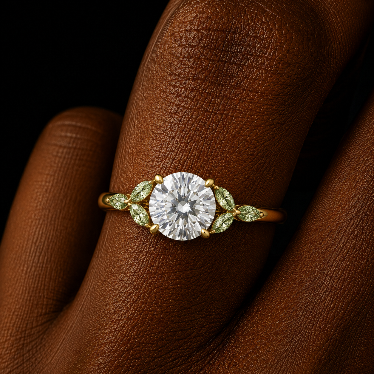 Lima Accents (Green Marquise Sides) Round Lab Grown Diamond Engagement Ring in 18K Gold