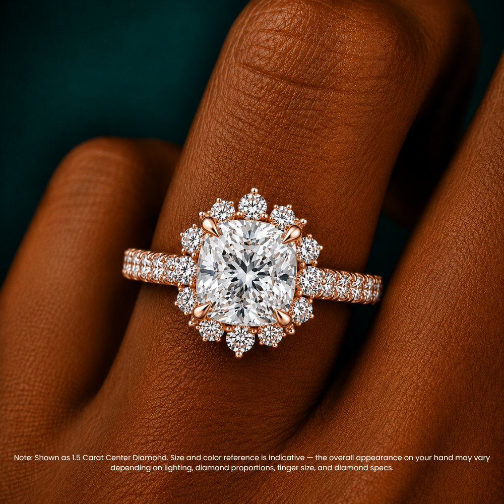 Charlene Vintage Halo Pave Cushion Lab Grown Diamond Engagement Ring in 18K Gold