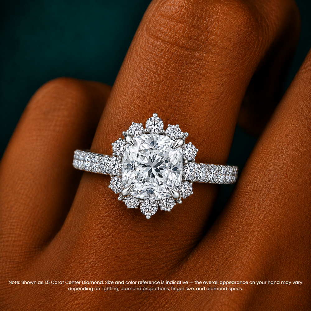 Charlene Vintage Halo Pave Cushion Lab Grown Diamond Engagement Ring in 18K Gold