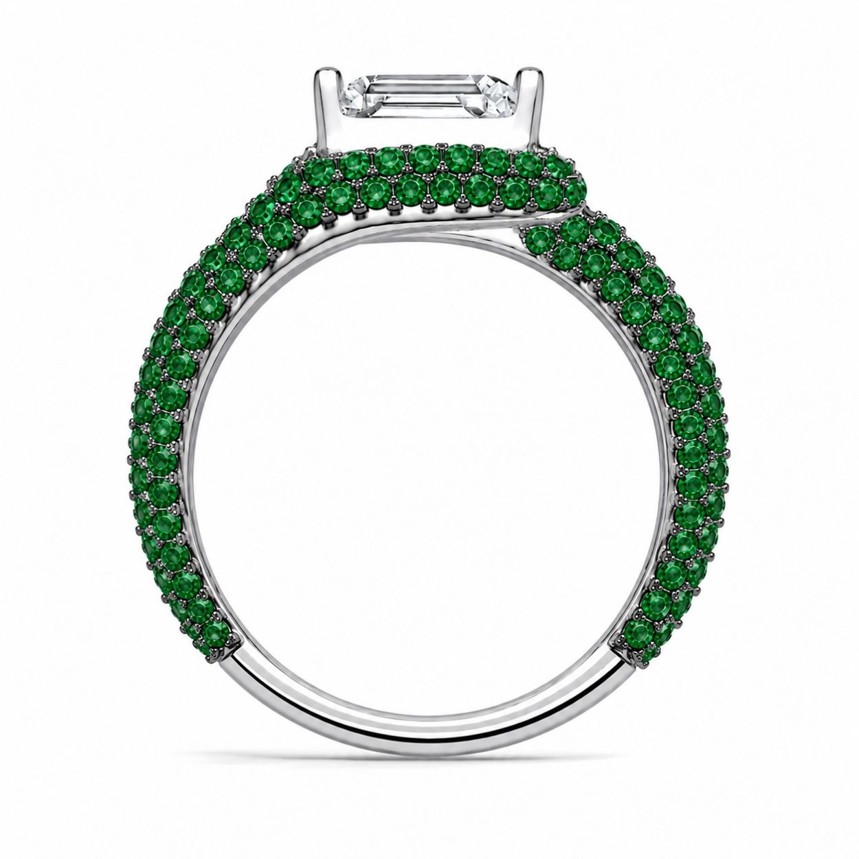 Hera Curved Pave Asscher Fancy Green Side Diamonds Lab Diamond Ring in White Gold 18K