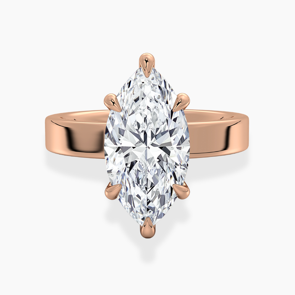 Flat Wide Cigar Band Marquise Solitaire Lab Grown Diamond Engagement Ring 18K Gold