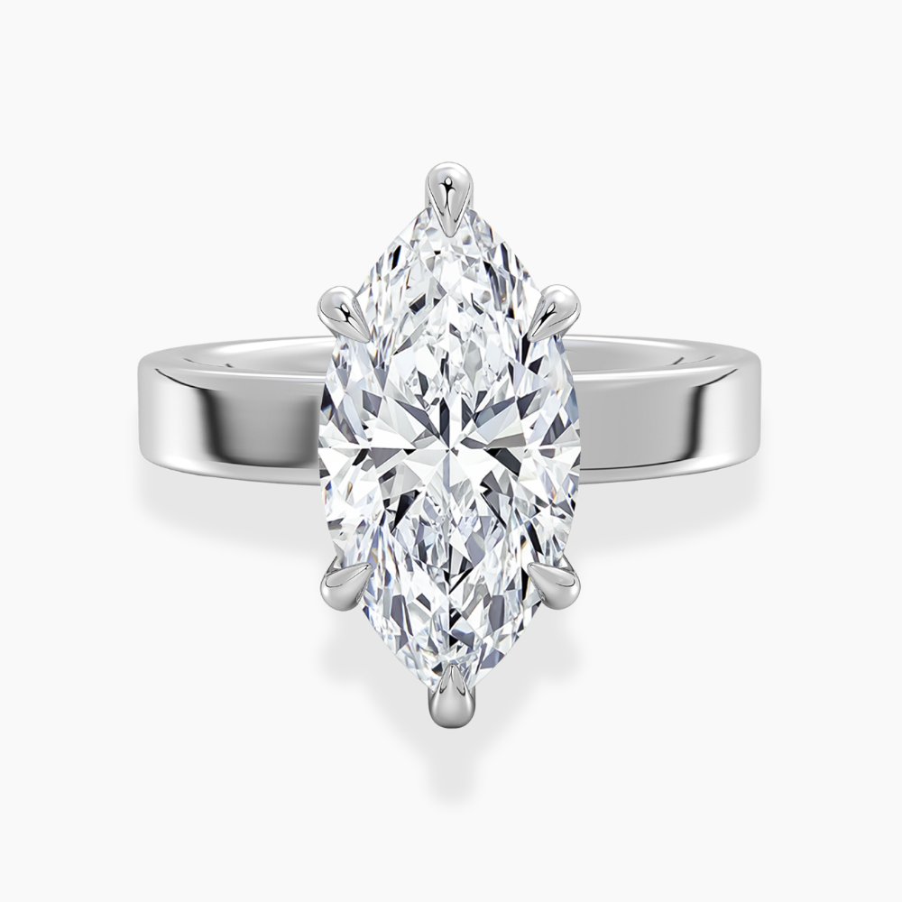 Flat Wide Cigar Band Marquise Solitaire Lab Grown Diamond Engagement Ring 18K Gold