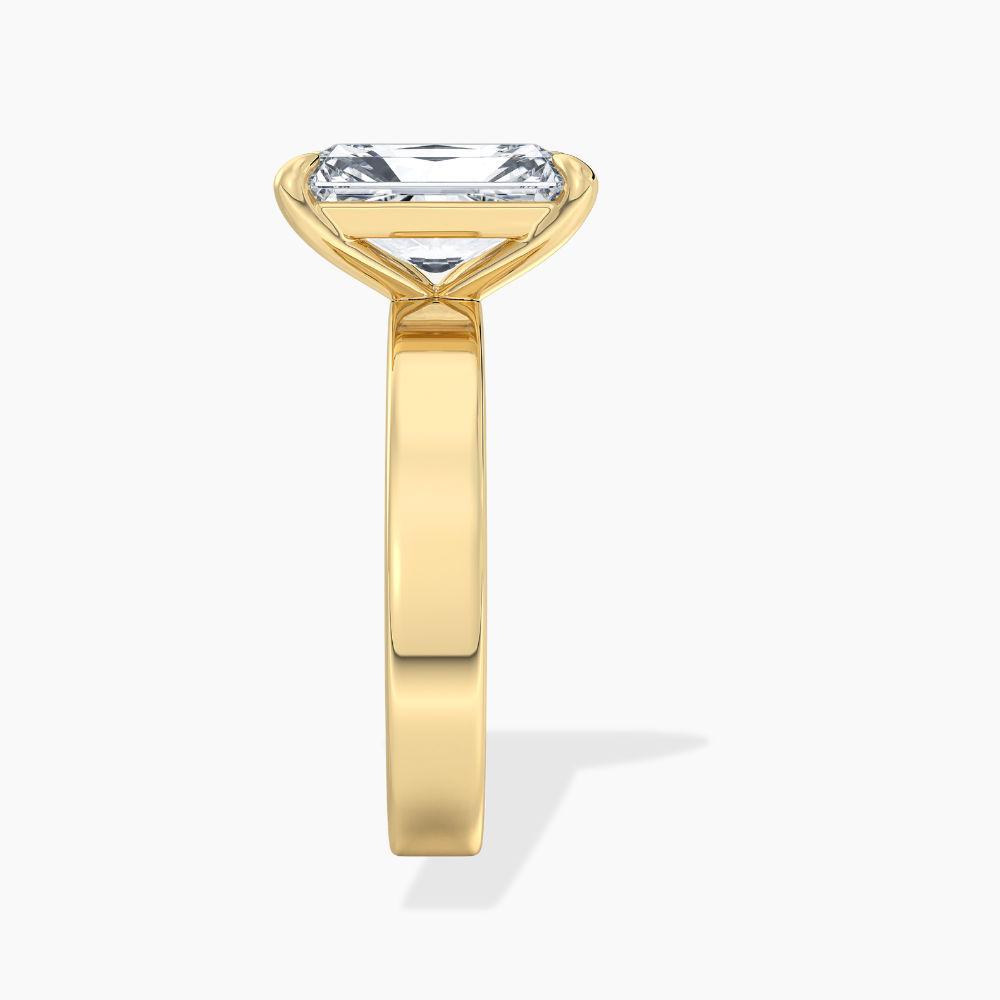 Flat Wide Cigar Band Radiant Solitaire Lab Grown Diamond Engagement Ring 18K Gold