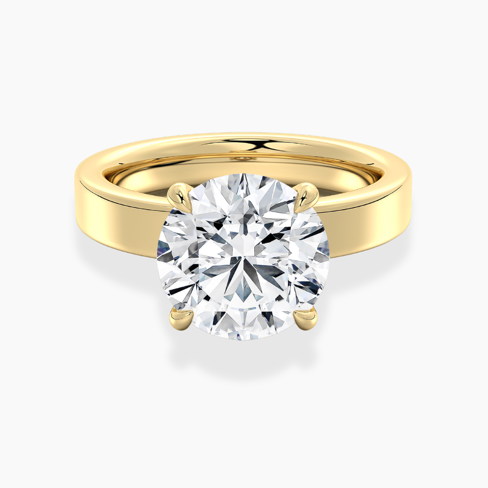 Flat Wide Cigar Band Round Solitaire Lab Grown Diamond Engagement Ring 18K Gold