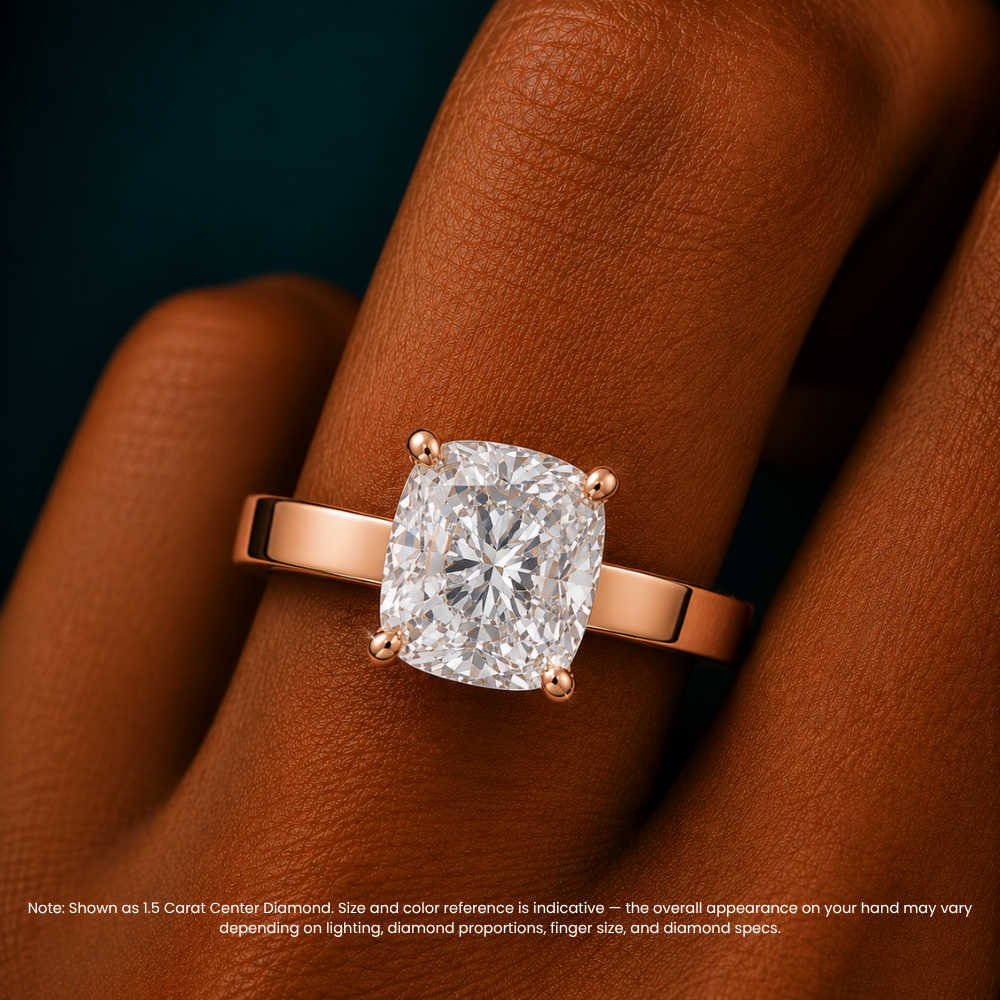 Flat Wide Cigar Band Cushion Solitaire Lab Grown Diamond Engagement Ring 18K Gold