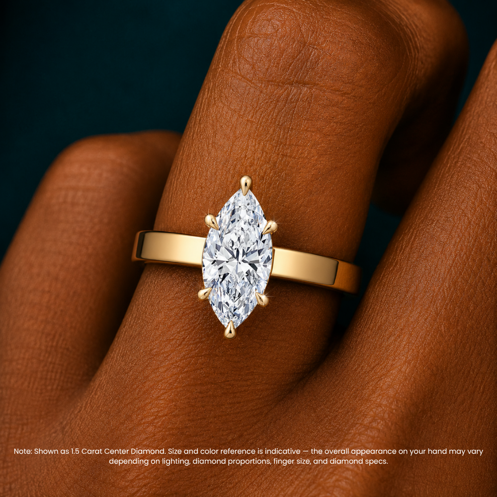 Flat Wide Cigar Band Marquise Solitaire Lab Grown Diamond Engagement Ring 18K Gold
