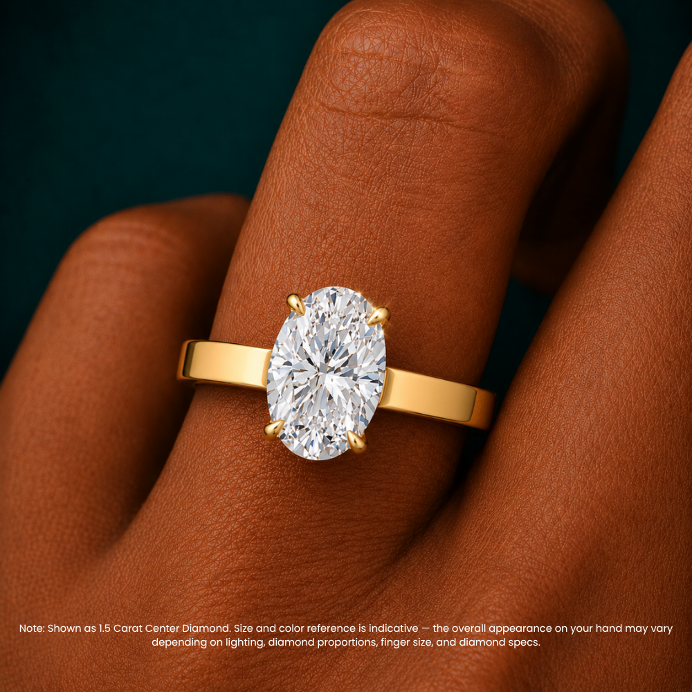 Flat Wide Cigar Band Oval Solitaire Lab Grown Diamond Engagement Ring 18K Gold