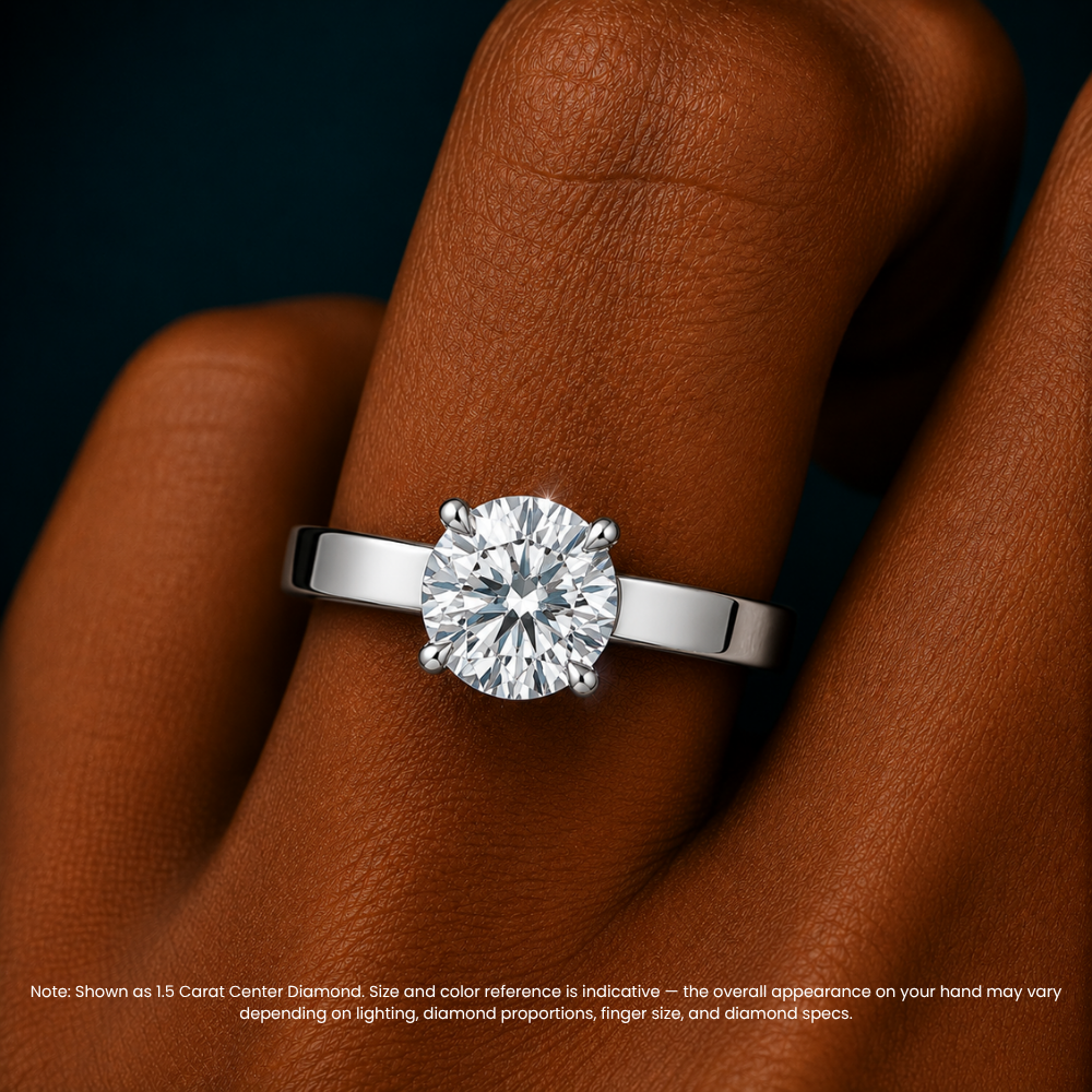 Flat Wide Cigar Band Round Solitaire Lab Grown Diamond Engagement Ring 18K Gold