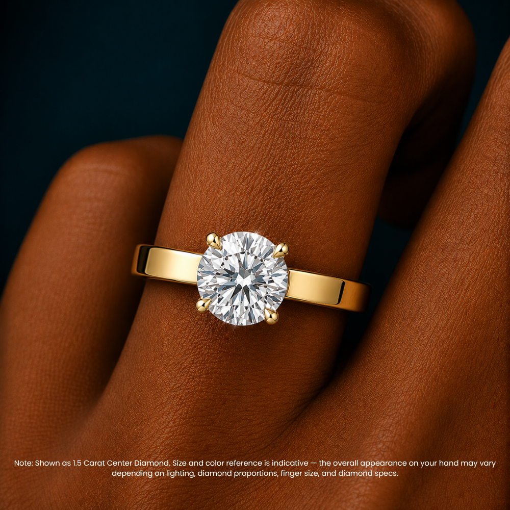 Flat Wide Cigar Band Round Solitaire Lab Grown Diamond Engagement Ring 18K Gold