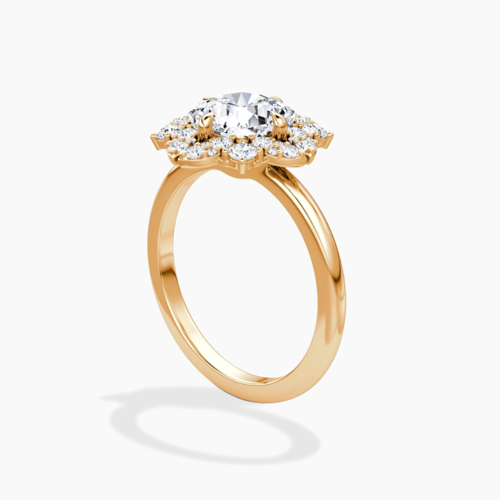 Janine Floral Vintage Halo Accents Cushion Lab Diamond Engagement Ring in 18K Gold