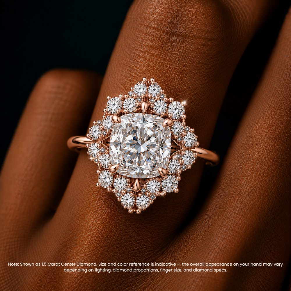 Janine Floral Vintage Halo Accents Cushion Lab Diamond Engagement Ring in 18K Gold