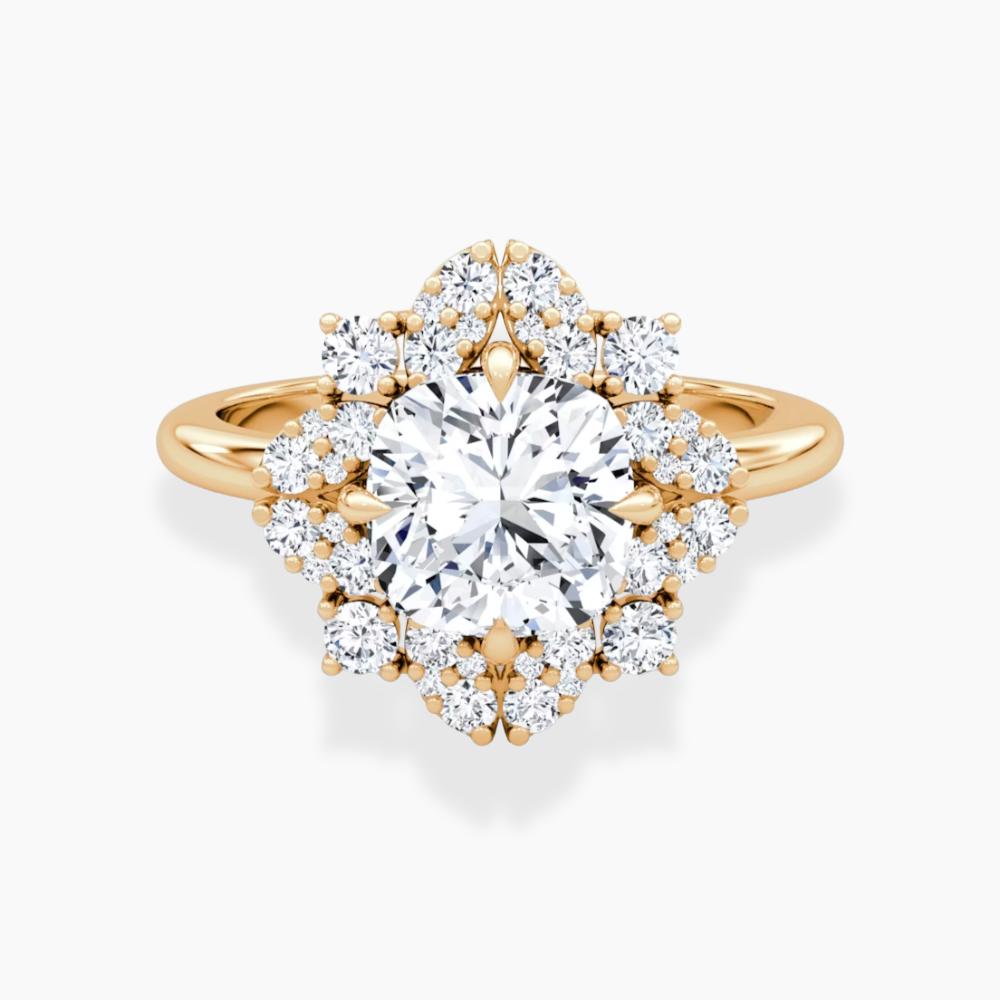 Janine Floral Vintage Halo Accents Cushion Lab Diamond Engagement Ring in 18K Gold