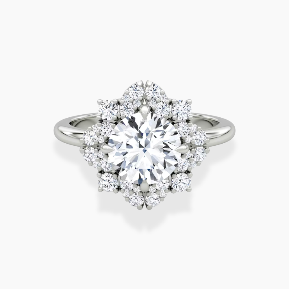 Janine Floral Vintage Halo Accents Round Lab Diamond Engagement Ring in 18K Gold
