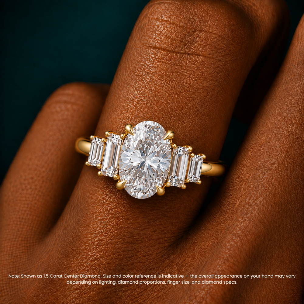 June North-South Baguette Accents (0.7 ctw) Oval Lab Grown Diamond Engagement Ring in 18K Gold