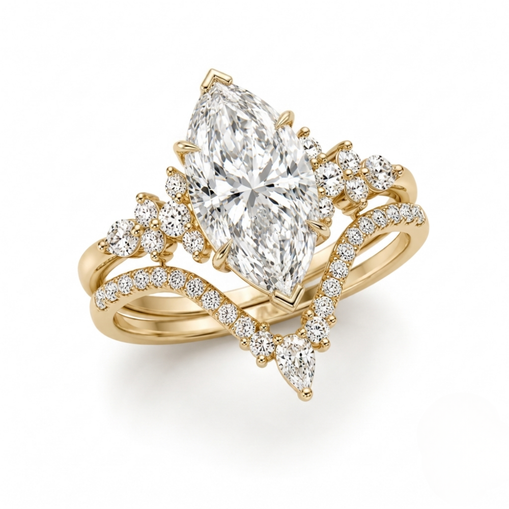 Katie Marquise Lab Diamond Bridal Ring Set - Marquise Pave 3 ct + V-shaped Band Yellow Gold 18K