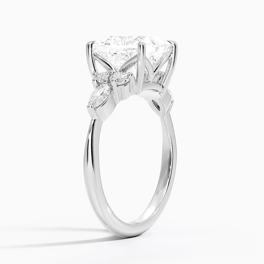 Rosea Accents (Marquise and Round Side Stones) Lab Diamond Ring in 18K Gold - Princess