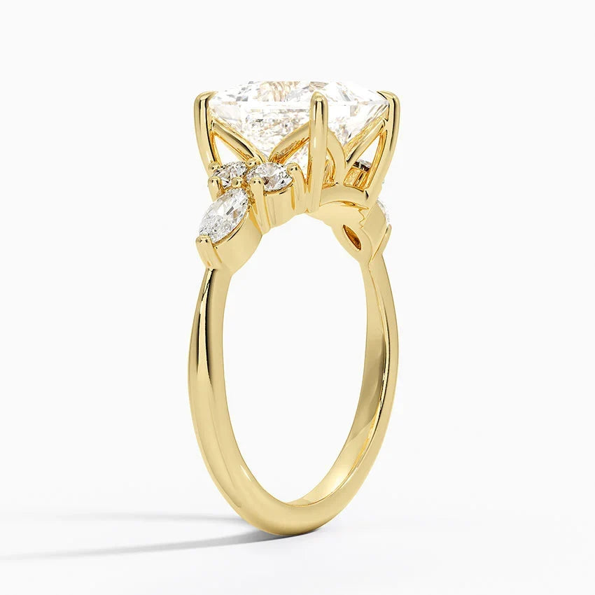 Rosea Accents (Marquise and Round Side Stones) Lab Diamond Ring in 18K Gold - Princess
