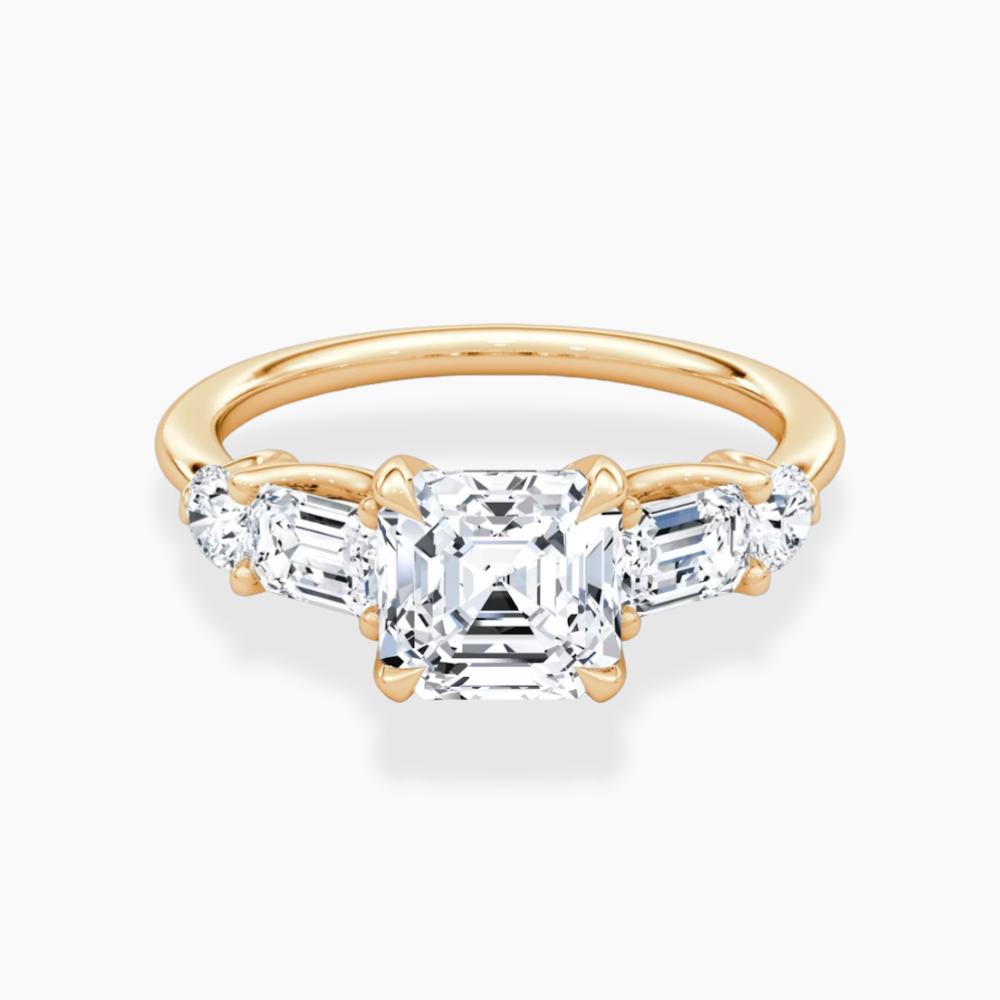 Leona Accents Asscher (Round and Baguette Side Stones) Lab Grown Diamond Engagement Ring in 18K Gold