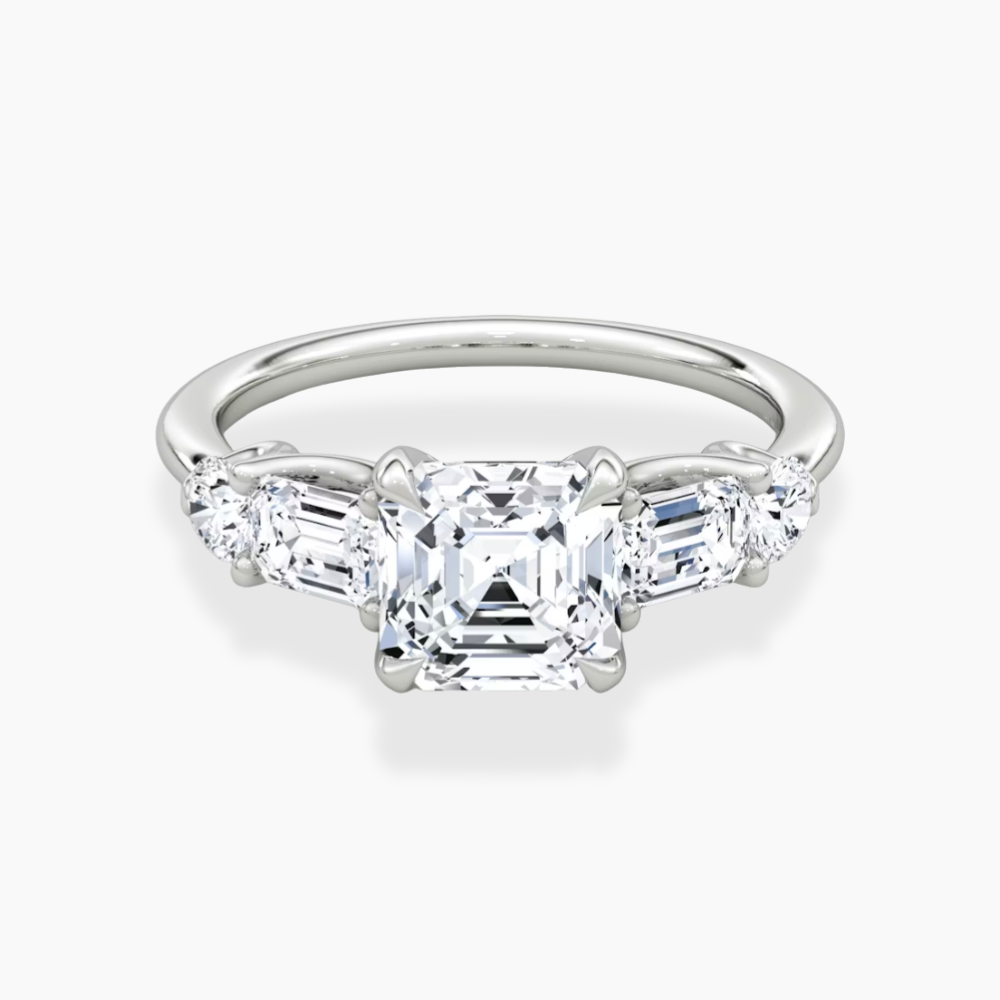 Leona Accents Asscher (Round and Baguette Side Stones) Lab Grown Diamond Engagement Ring in 18K Gold
