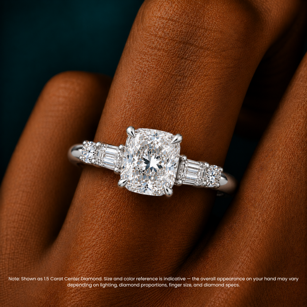 Leona Accents Cushion (Round and Baguette Side Stones) Lab Grown Diamond Engagement Ring in 18K Gold