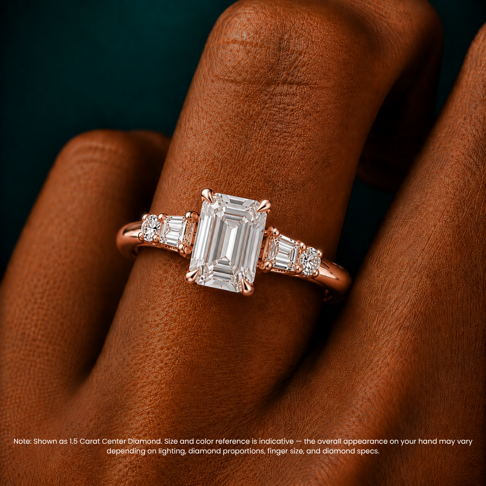 Leona Accents Emerald (Round and Baguette Side Stones) Lab Grown Diamond Engagement Ring in 18K Gold
