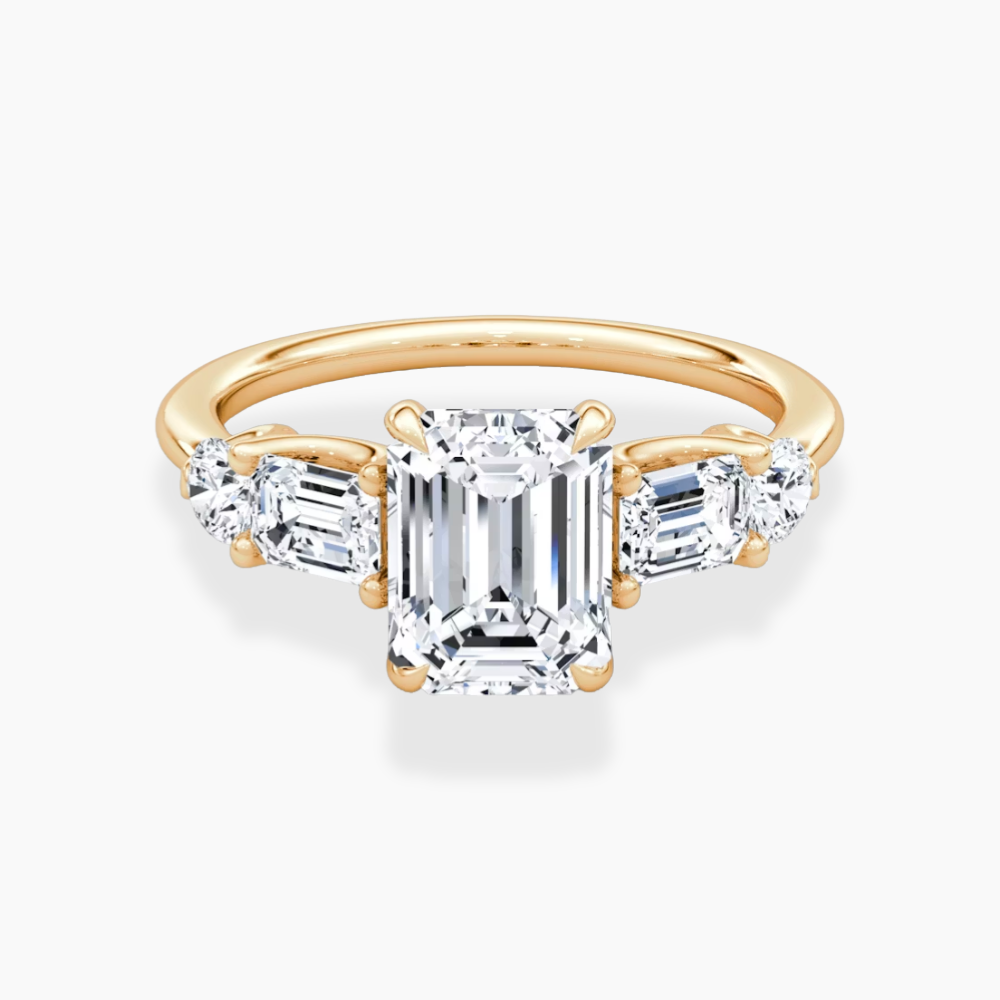 Leona Accents Emerald (Round and Baguette Side Stones) Lab Grown Diamond Engagement Ring in 18K Gold