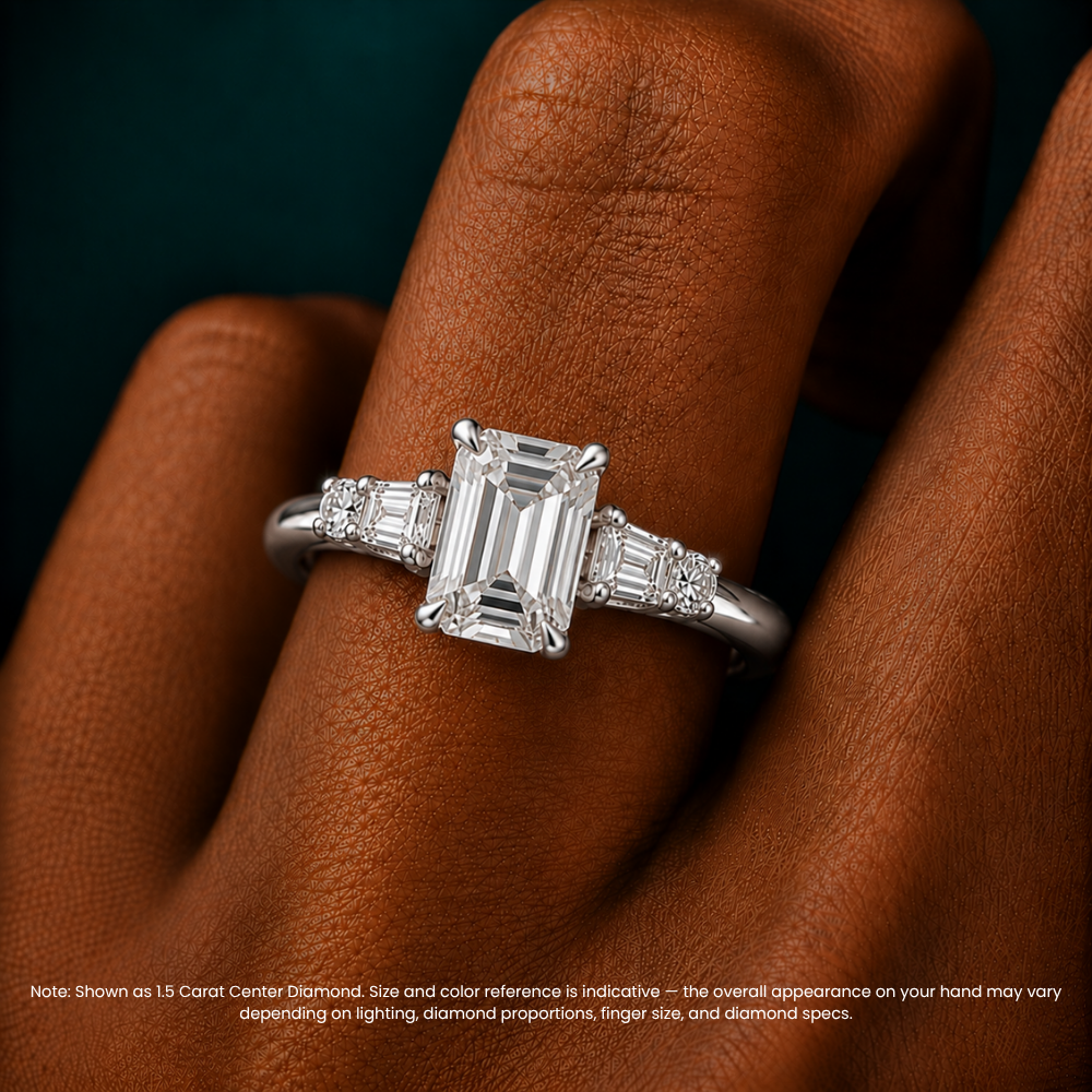 Leona Accents Emerald (Round and Baguette Side Stones) Lab Grown Diamond Engagement Ring in 18K Gold