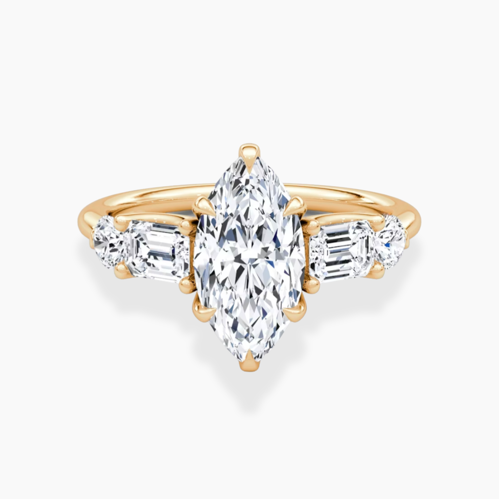 Leona Accents Marquise (Round and Baguette Side Stones) Lab Grown Diamond Engagement Ring in 18K Gold