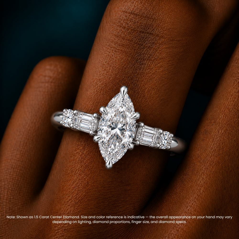 Leona Accents Marquise (Round and Baguette Side Stones) Lab Grown Diamond Engagement Ring in 18K Gold
