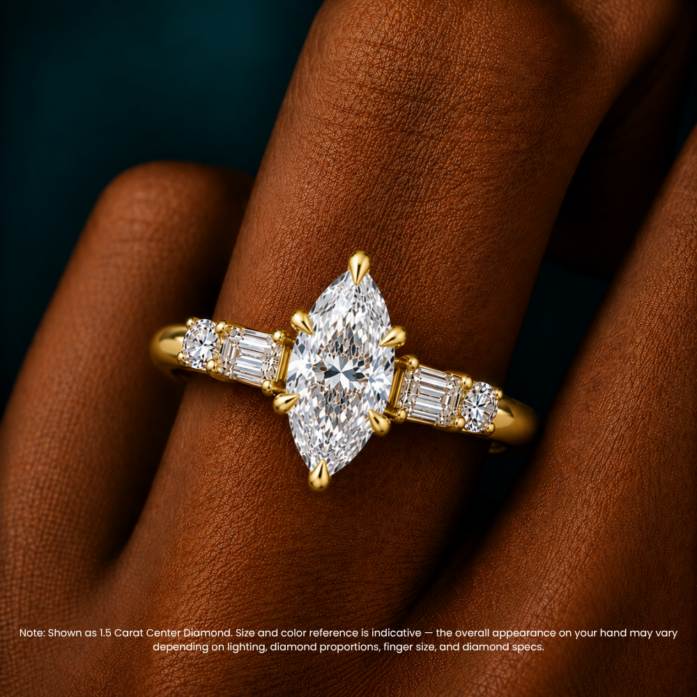 Leona Accents Marquise (Round and Baguette Side Stones) Lab Grown Diamond Engagement Ring in 18K Gold