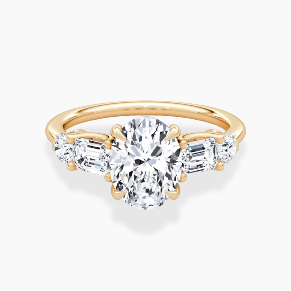 Leona Accents Oval (Round and Baguette Side Stones) Lab Grown Diamond Engagement Ring in 18K Gold
