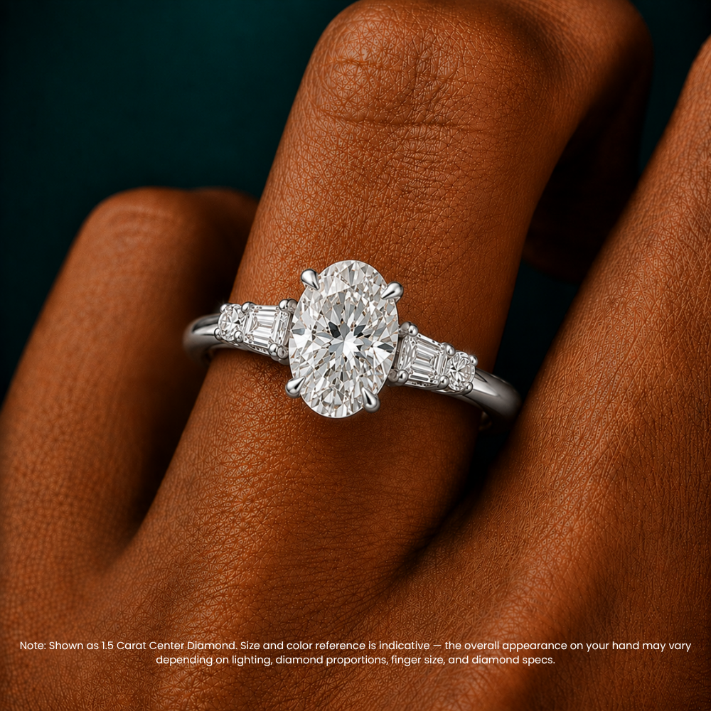 Leona Accents Oval (Round and Baguette Side Stones) Lab Grown Diamond Engagement Ring in 18K Gold