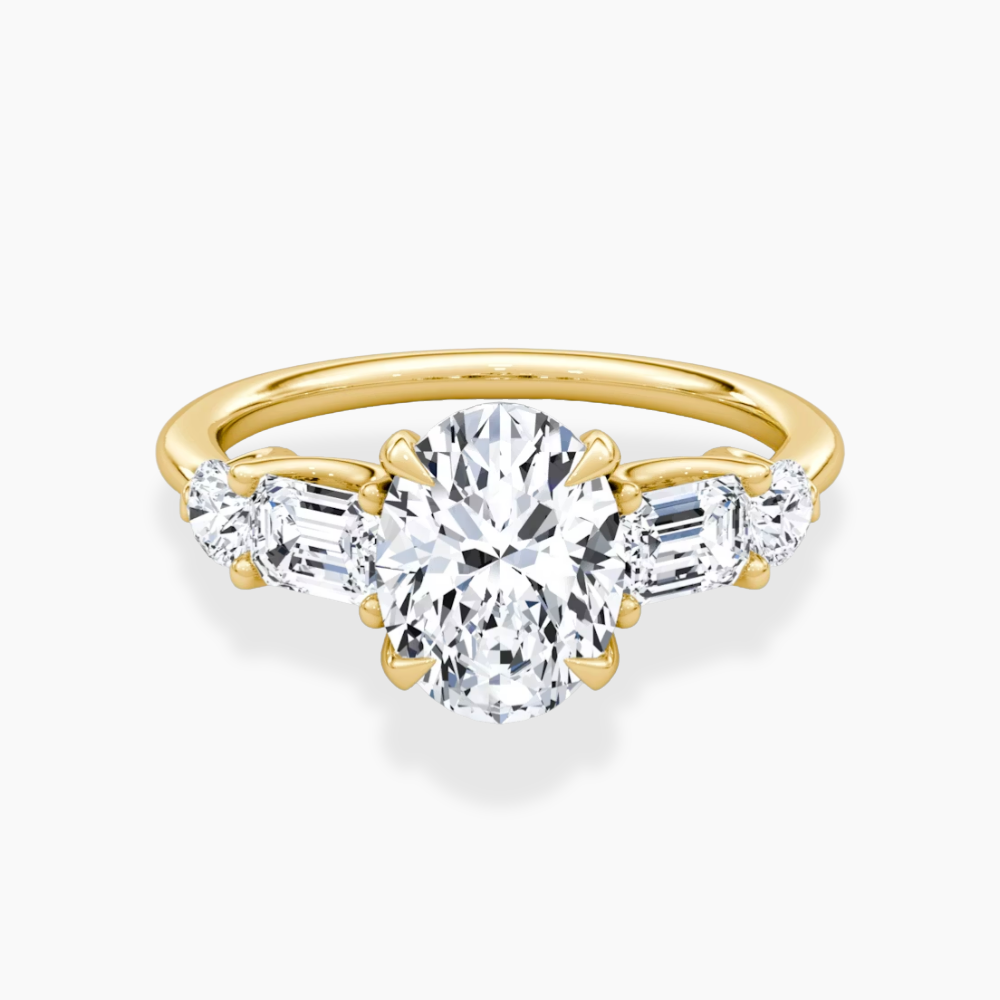 Leona Accents Oval (Round and Baguette Side Stones) Lab Grown Diamond Engagement Ring in 18K Gold