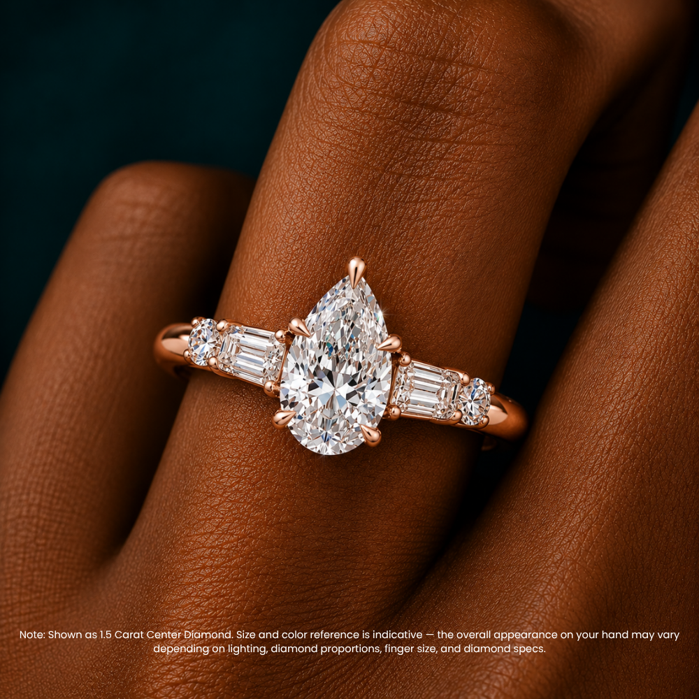 Leona Accents Pear (Round and Baguette Side Stones) Lab Grown Diamond Engagement Ring in 18K Gold
