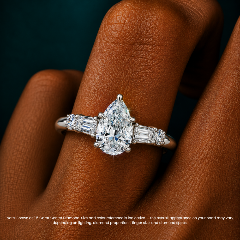 Leona Accents Pear (Round and Baguette Side Stones) Lab Grown Diamond Engagement Ring in 18K Gold
