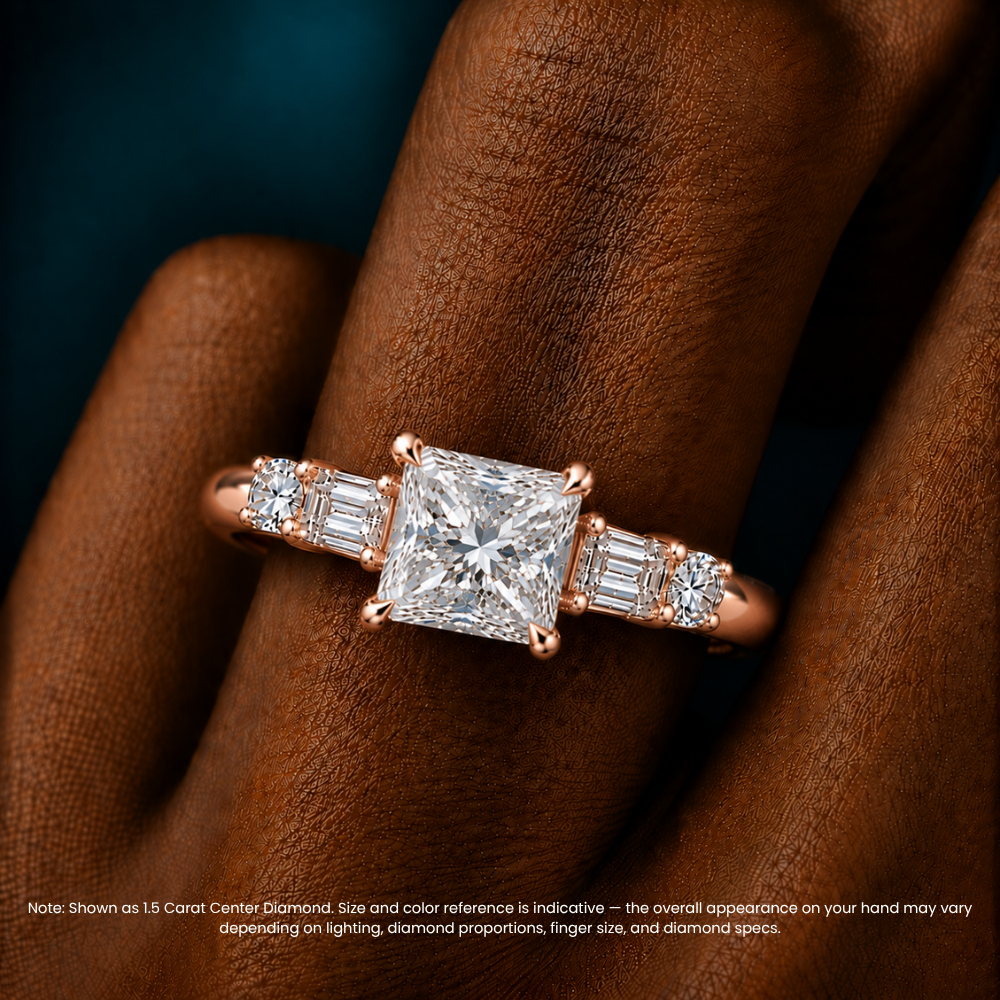 Leona Accents Princess (Round and Baguette Side Stones) Lab Grown Diamond Engagement Ring in 18K Gold