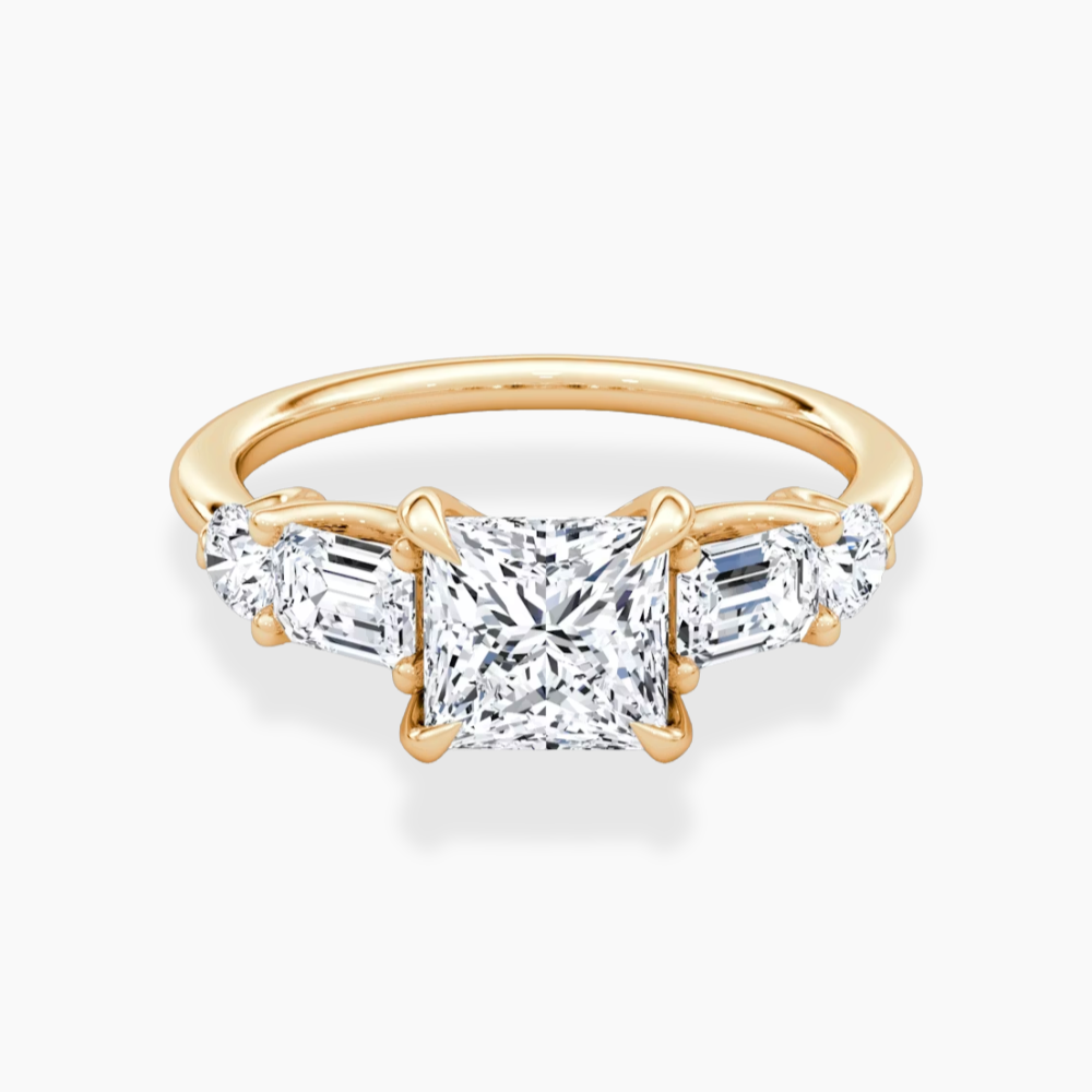 Leona Accents Princess (Round and Baguette Side Stones) Lab Grown Diamond Engagement Ring in 18K Gold