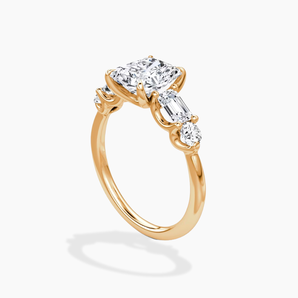 Leona Accents Radiant (Round and Baguette Side Stones) Lab Grown Diamond Engagement Ring in 18K Gold