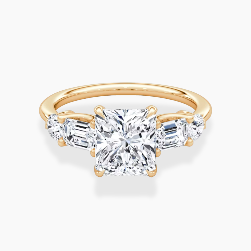 Leona Accents Radiant (Round and Baguette Side Stones) Lab Grown Diamond Engagement Ring in 18K Gold