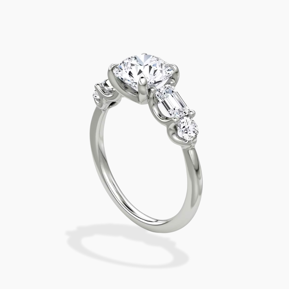 Leona Accents Round (Round and Baguette Side Stones) Lab Grown Diamond Engagement Ring in 18K Gold