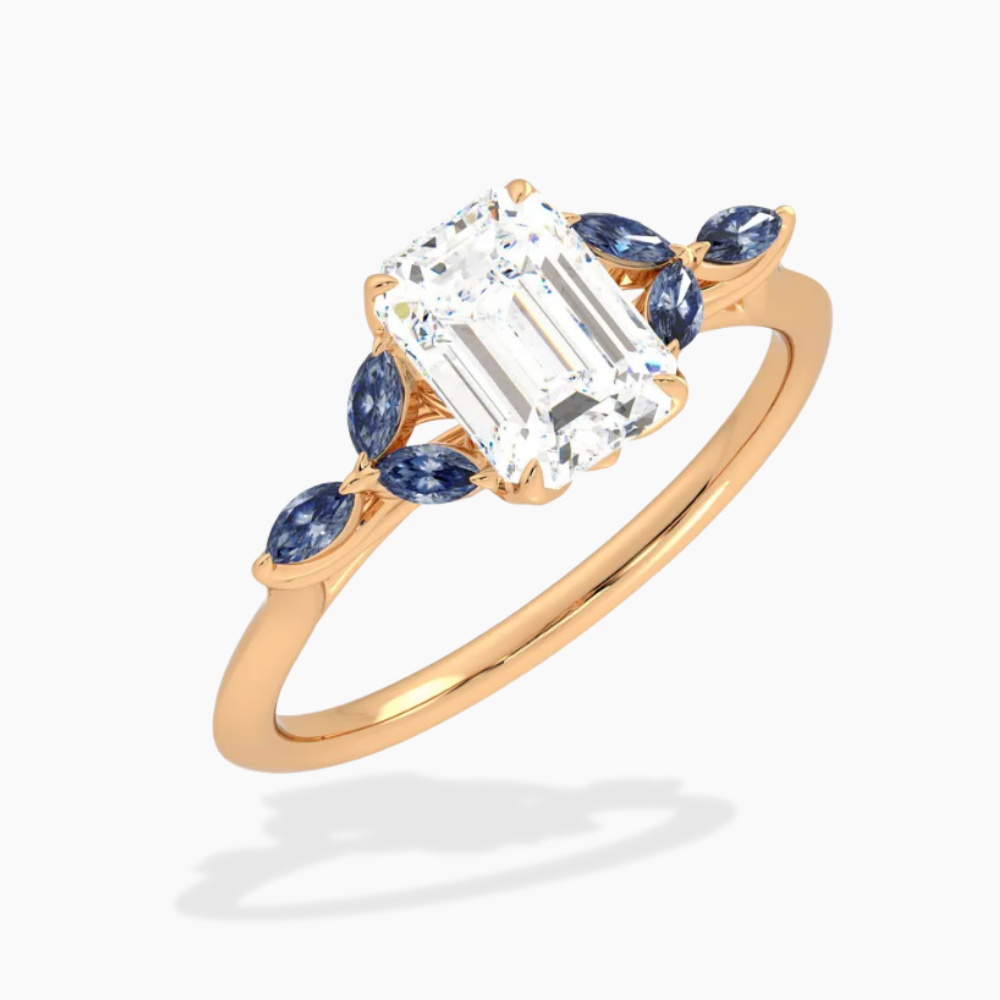 Lima Accents (Blue Marquise Sides) Emerald Lab Grown Diamond Engagement Ring in 18K Gold