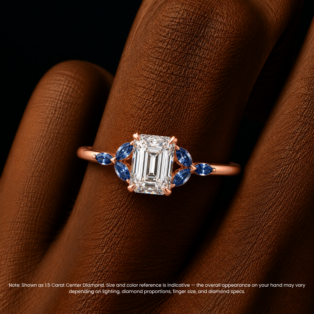 Lima Accents (Blue Marquise Sides) Emerald Lab Grown Diamond Engagement Ring in 18K Gold