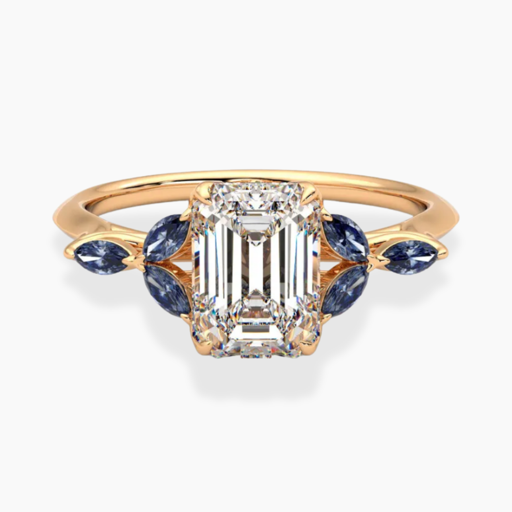 Lima Accents (Blue Marquise Sides) Emerald Lab Grown Diamond Engagement Ring in 18K Gold