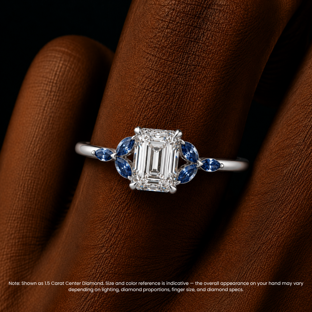 Lima Accents (Blue Marquise Sides) Emerald Lab Grown Diamond Engagement Ring in 18K Gold