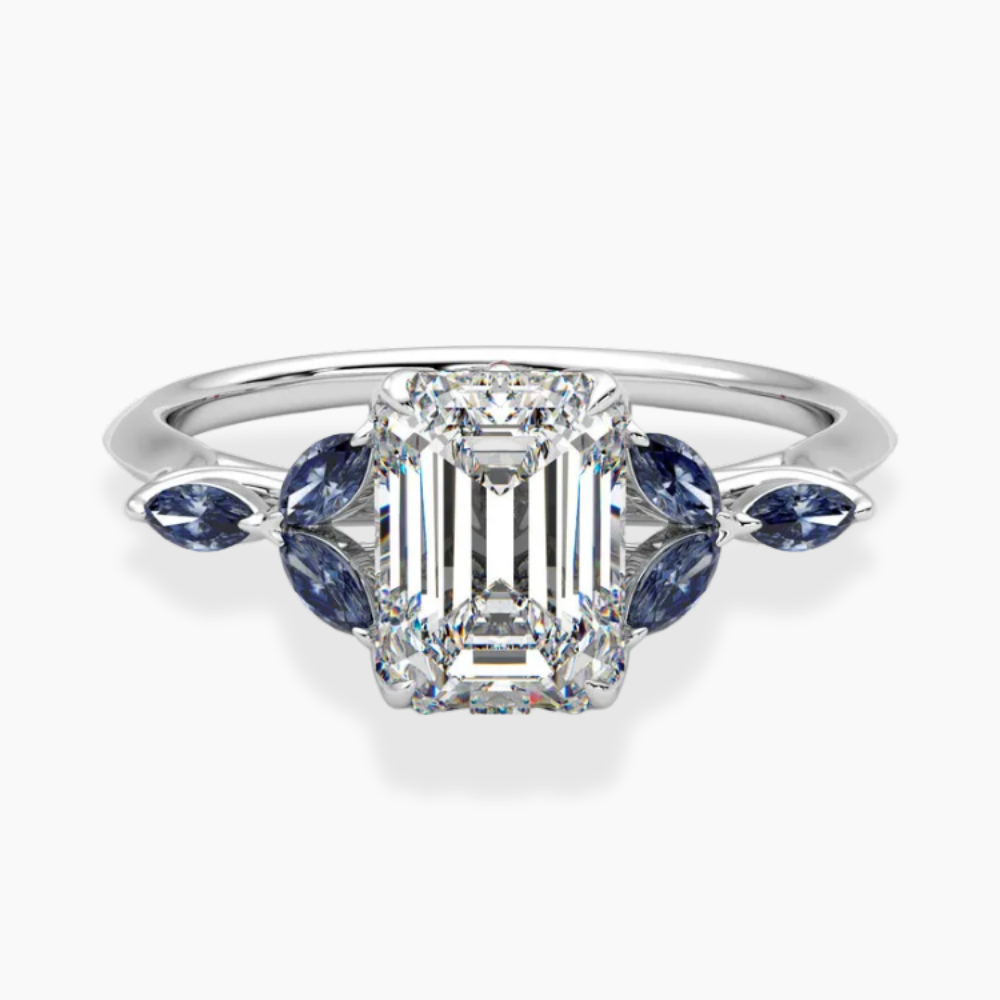 Lima Accents (Blue Marquise Sides) Emerald Lab Grown Diamond Engagement Ring in 18K Gold