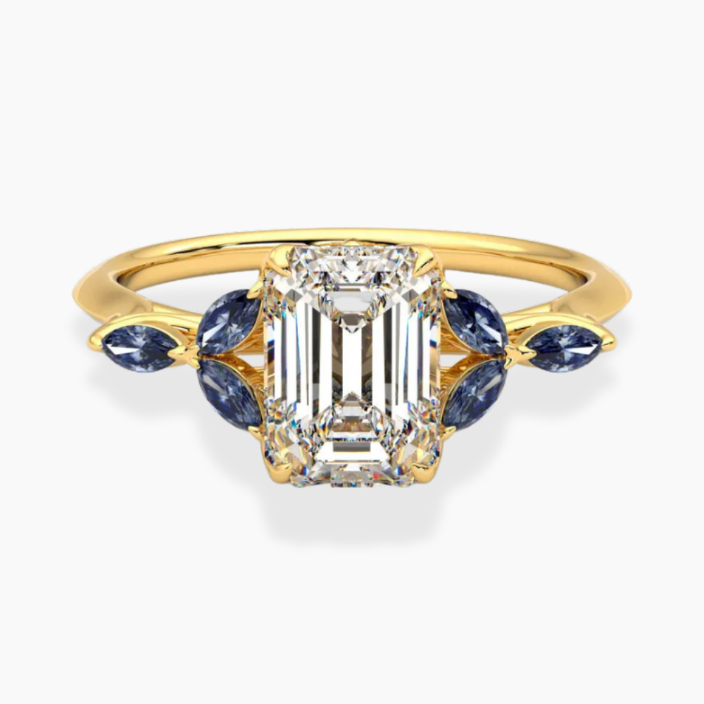Lima Accents (Blue Marquise Sides) Emerald Lab Grown Diamond Engagement Ring in 18K Gold